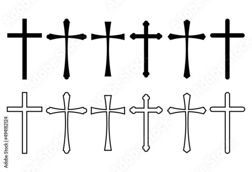 Cross symbol set.Vector christian cross line icon. Black and white religion cross sign.Simple catholic sign.