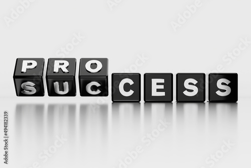 Black metal shining dice and process or success concept with reflection on white background.  Vision, goal, strategy, action - business concept. 3D render