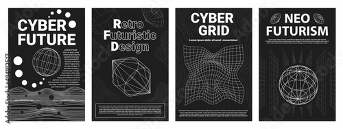 Neo futuristic abstract posters with grids and wireframe 3d objects. Cyberpunk future geometric designs. 90s retro surreal covers vector set