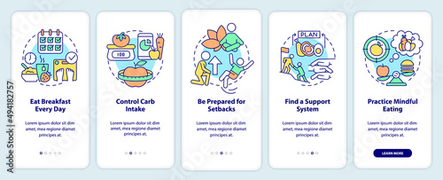 Control weight after diet onboarding mobile app screen. Walkthrough 5 steps graphic instructions pages with linear concepts. UI, UX, GUI template. Myriad Pro-Bold, Regular fonts used