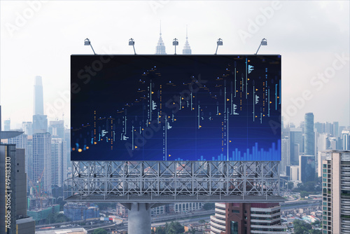 Forex and stock market chart hologram on road billboard over panorama city view of Kuala Lumpur. KL is the financial center in Malaysia, Asia. The concept of international trading.