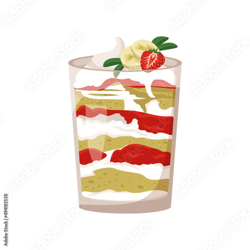 Delicious puff trifle with chocolate biscuit, banana and strawberry, cream and berries. Sweet dessert in glasses. Vector flat illustration