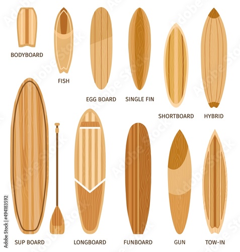 Wooden surfboard sizes and types, bodyboard, longboards and shortboards. Cartoon surf boards shapes design, funboard and hybrid vector set