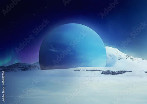 Abstract surrealistic sci fi concept art. Planet neptune lies in winter snowy natural landscape. Realistic 3d render. Science creative design illustration.