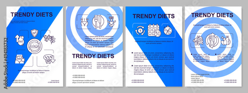 Trendy diets blue brochure template. Healthy nutrition and eating. Leaflet design with linear icons. 4 vector layouts for presentation, annual reports. Arial, Myriad Pro-Regular fonts used