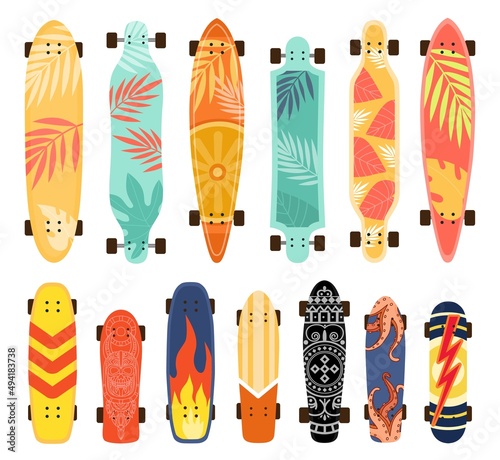 Skateboard bottom print designs with flames, tropical leaves and patterns. Urban street sport board equipment. Cartoon skateboard vector set