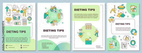Dieting tips green brochure template. Losing weight. Healthy nutrition. Leaflet design with linear icons. 4 vector layouts for presentation, annual reports. Arial-Bold, Myriad Pro-Regular fonts used
