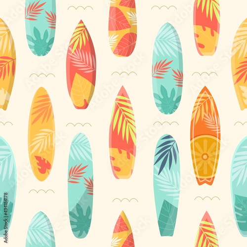 Cartoon summer seamless pattern with surfboard and tropical leaves. Sea surfing boards on waves. Beach vacation travel, surf vector print
