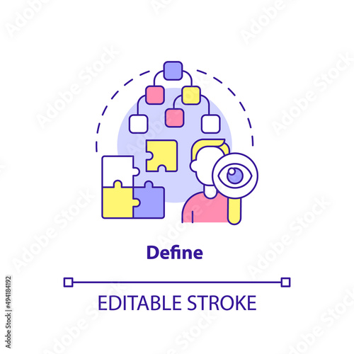 Define concept icon. Analysing information. Design thinking process abstract idea thin line illustration. Isolated outline drawing. Editable stroke. Arial, Myriad Pro-Bold fonts used