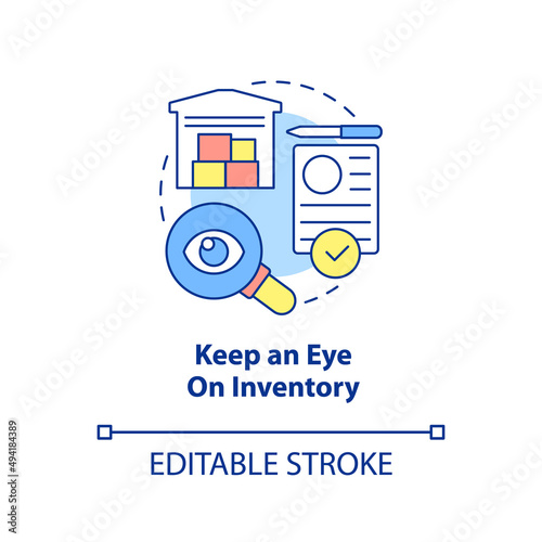 Keep eye on inventory concept icon. Way to increase business efficiency abstract idea thin line illustration. Isolated outline drawing. Editable stroke. Arial, Myriad Pro-Bold fonts used photo