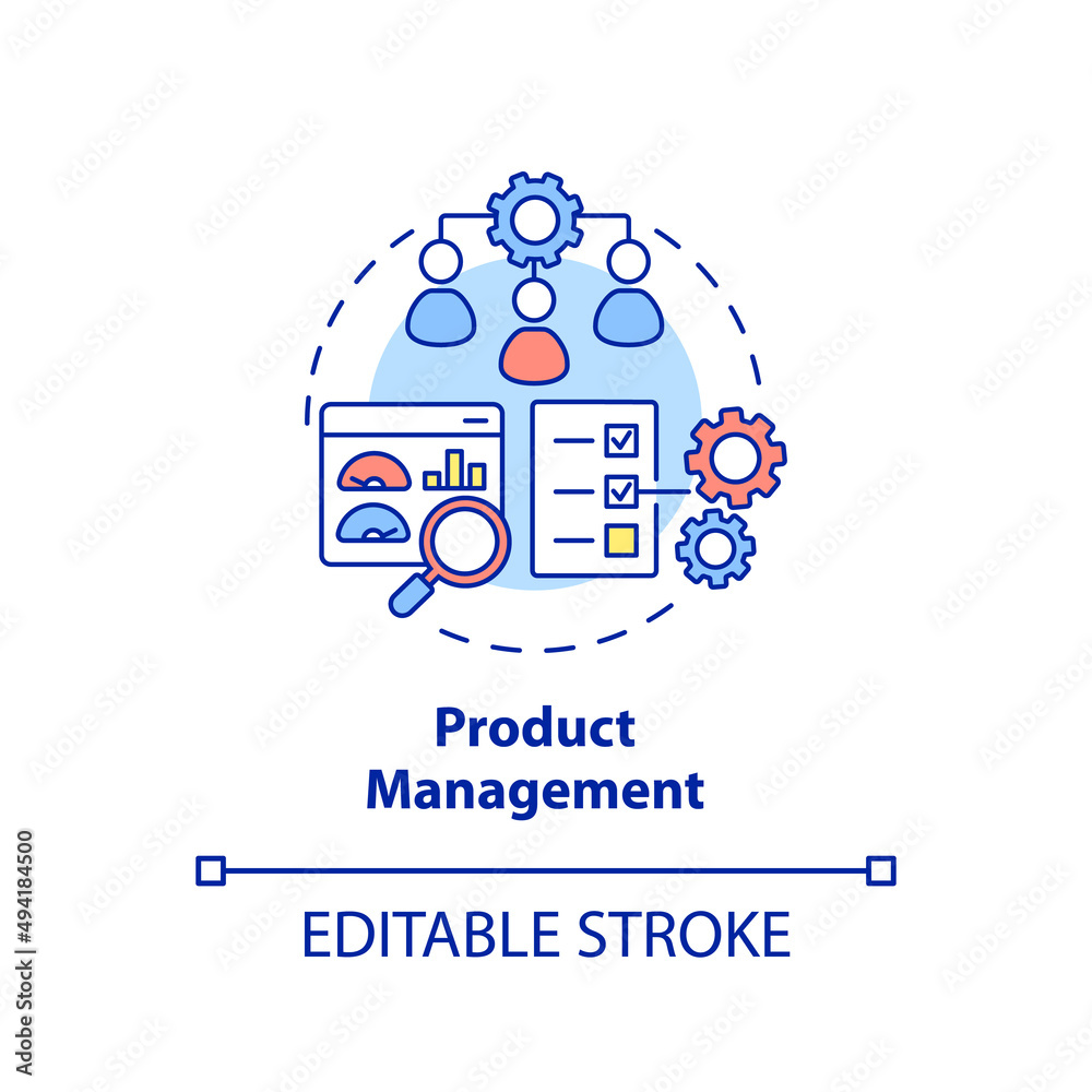Product management concept icon. Marketing processes. Business development abstract idea thin line illustration. Isolated outline drawing. Editable stroke. Arial, Myriad Pro-Bold fonts used