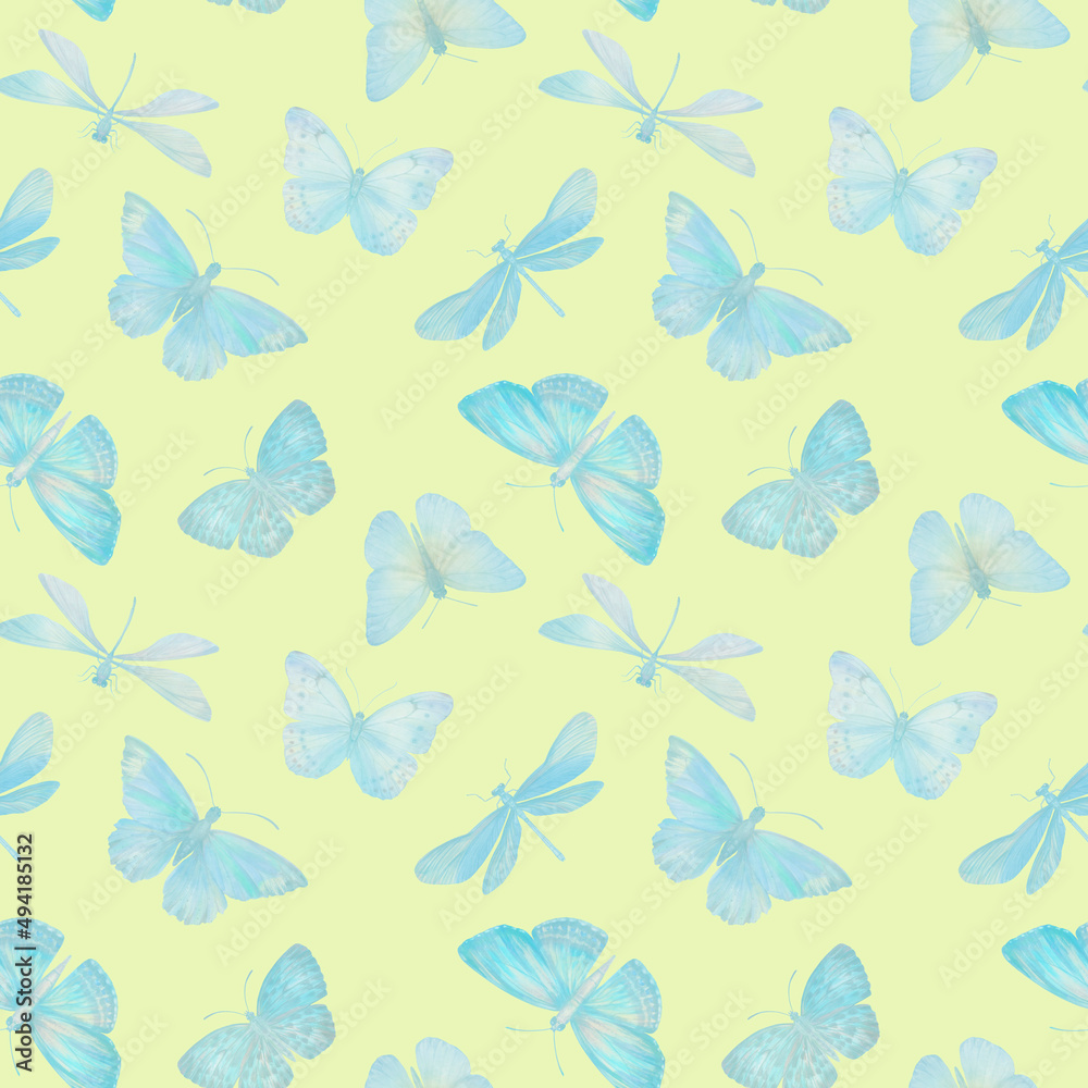 Digitally processed seamless botanical pattern. Raster texture of animalistic design. Delicate watercolor butterflies collected in a seamless pattern for design. Digitally processed seamless botanical pattern. Raster texture of animalistic design. Delicate watercolor butterflies collected in a seamless pattern for design.