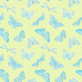 Digitally processed seamless botanical pattern. Raster texture of animalistic design. Delicate watercolor butterflies collected in a seamless pattern for design.