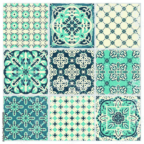 Traditional ornate portuguese tiles azulejos. Vintage pattern for textile design. Geometric mosaic, majolica. Seamless geometric pattern. Vector decorative background. Vintage floral pattern.