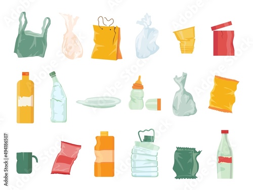 Plastic garbage pollution  bags  bottles  disposable tableware and package. Sorting junk and recycle plastic waste. Cartoon trash vector set