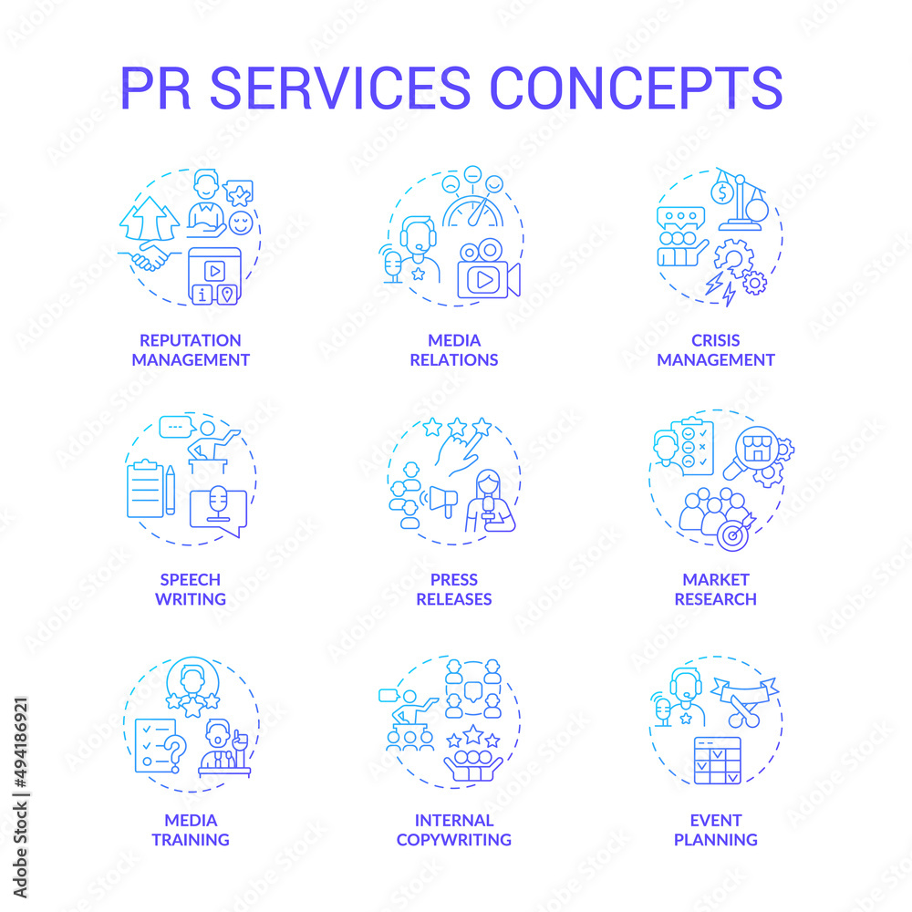 PR services blue turquoise concept icons set. Strategy for business. Advertising agency idea thin line color illustrations. Isolated symbols. Editable stroke. Roboto-Medium, Myriad Pro-Bold fonts used PR services blue turquoise concept icons set. Strategy for business. Advertising agency idea thin line color illustrations. Isolated symbols. Editable stroke. Roboto-Medium, Myriad Pro-Bold fonts used