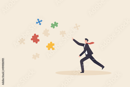 Finding for last missing piece to finish or complete work. decision, trying to overcome difficulty and finish work concept.