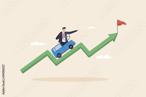 Business vision to see opportunity, Business leadership and vision to lead the company's success, career direction or success at work. Businessman driving a car climbs the height of the arrow graph