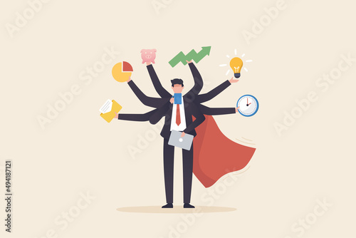 Businessman with many hands in a suit. Works simultaneously with several objects. multitasking work and time management concept.