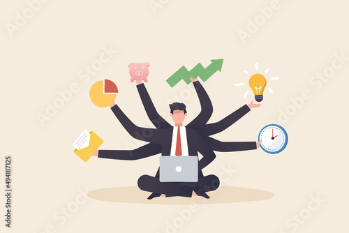 Businessman with many hands in a suit. Works simultaneously with several objects. multitasking work and time management concept.