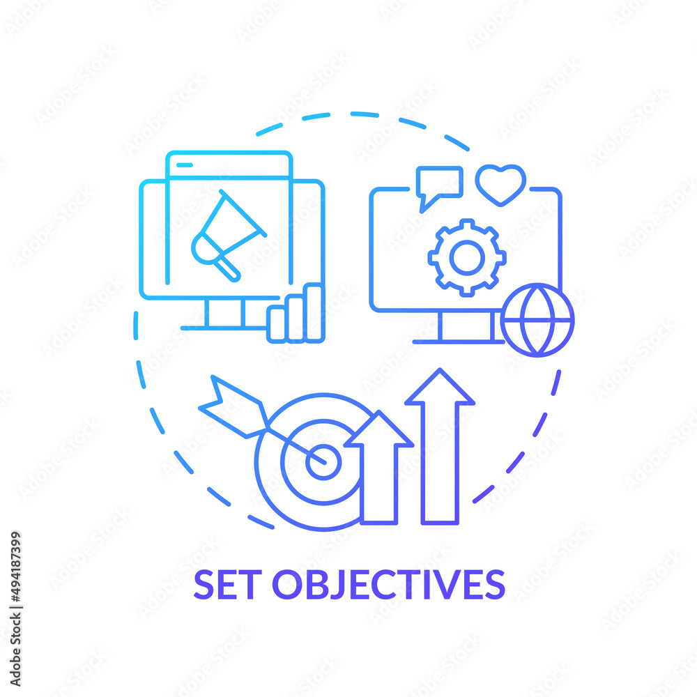 Set objectives blue gradient concept icon. Focus on important business goals. Hiring PR firm abstract idea thin line illustration. Isolated outline drawing. Myriad Pro-Bold font used Set objectives blue gradient concept icon. Focus on important business goals. Hiring PR firm abstract idea thin line illustration. Isolated outline drawing. Myriad Pro-Bold font used