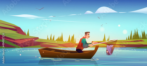 Senior fisherman in boat catching fish in net on lake or pond at summer time. Mature male character with haul in skip, recreational hobby, summertime activity, leisure, Cartoon vector illustration