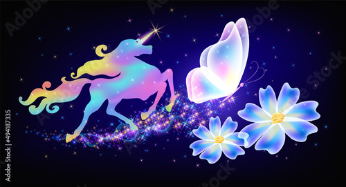 Galloping iridescent unicorn with luxurious winding mane and flying butterfly against the background of the fantasy universe with sparkling stars and flowers