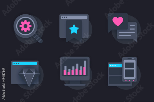 Seo optimization web concept of 3d paper icons set. Pack flat pictograms of search and settings of pages, promotion of sites in top, analysis of statistics. Vector elements for website in dark style