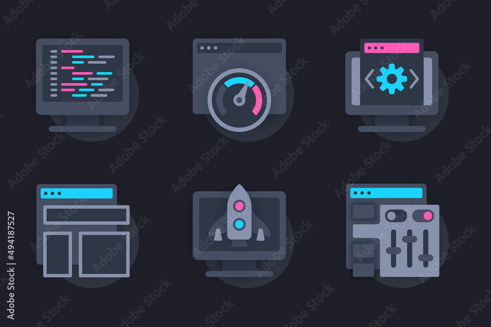 Web development concept of 3d paper icons set. Pack flat pictograms of page optimization and customization, programming, coding and testing, layout creation. Vector elements for website in dark style Web development concept of 3d paper icons set. Pack flat pictograms of page optimization and customization, programming, coding and testing, layout creation. Vector elements for website in dark style