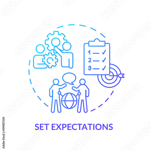 Set expectations blue gradient concept icon. Providing clear communication line. Hiring PR firm tips abstract idea thin line illustration. Isolated outline drawing. Myriad Pro-Bold font used photo