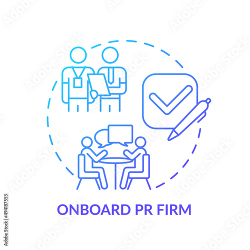 Onboard PR firm blue gradient concept icon. Brand reputation building service. Hiring agency abstract idea thin line illustration. Isolated outline drawing. Myriad Pro-Bold font used