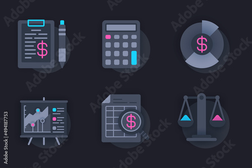 Financial report web concept of 3d paper icons set. Pack flat pictograms of audit and financial accounting, savings and profit increase strategy, investment. Vector elements for website in dark style
