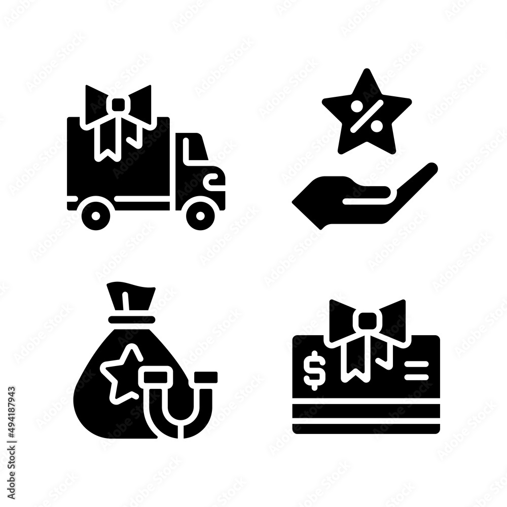 Ecommerce marketing black glyph icons set on white space. Free delivery. Bonus discount. Retention package. Gift cards. Silhouette symbols. Solid pictogram pack. Vector isolated illustration Ecommerce marketing black glyph icons set on white space. Free delivery. Bonus discount. Retention package. Gift cards. Silhouette symbols. Solid pictogram pack. Vector isolated illustration