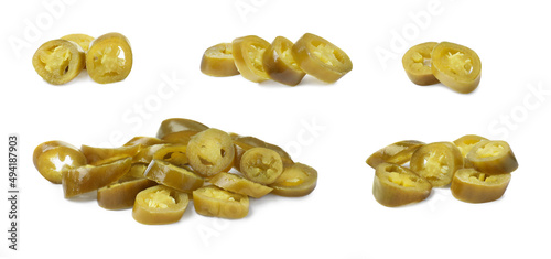Set with pickled green jalapeno peppers on white background. Banner design photo