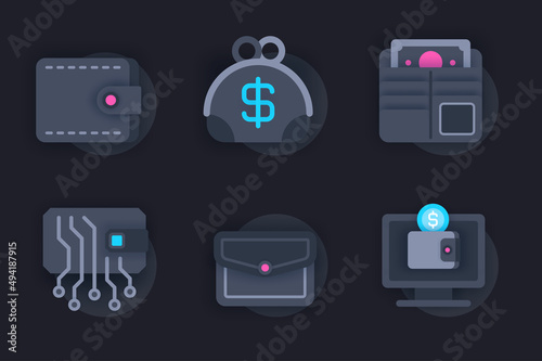 Wallet web concept of 3d paper icons set. Pack flat pictograms of cash storage in different wallets, online transactions, payment for purchases and others. Vector elements for website in dark style