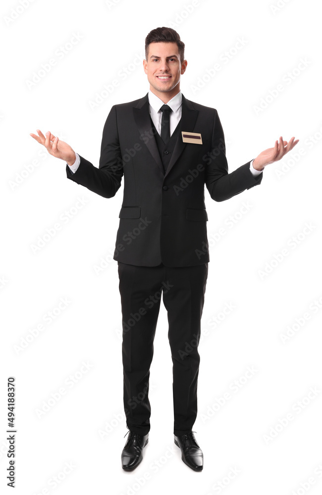 Full length portrait of happy receptionist in uniform on white background Full length portrait of happy receptionist in uniform on white background