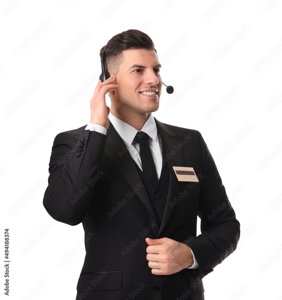 Portrait of receptionist with headset on white background Portrait of receptionist with headset on white background