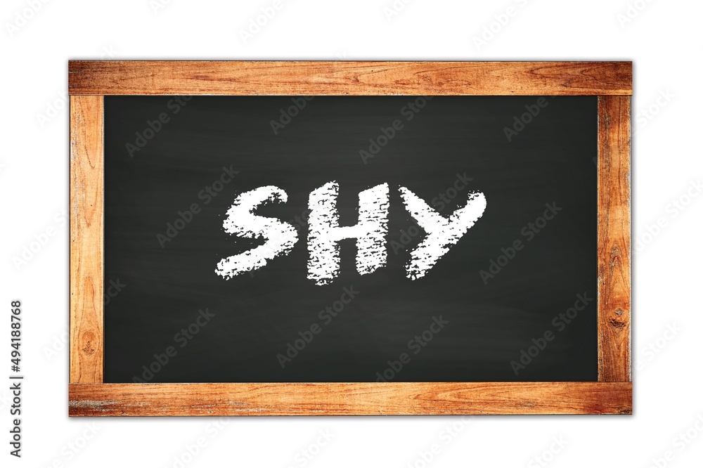 SHY text written on wooden frame school blackboard. SHY text written on wooden frame school blackboard.
