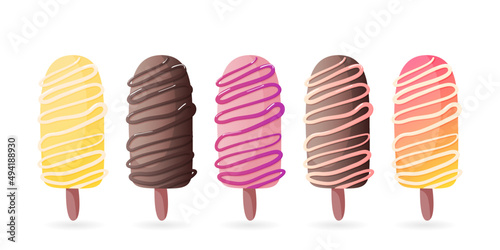 Set of colorful ice cream with gravy on a stick. Isolated objects in vector