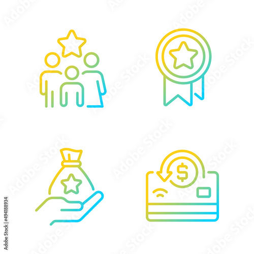 Cash awards gradient linear vector icons set. Benefits program. Family bonus. Noncash prize. Big financial reward. Thin line contour symbol designs bundle. Isolated outline illustrations collection