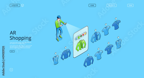 AR shopping isometric landing page. Augmented reality technologies, smart app for mobile phone with virtual apparel store catalog. Man customer choose garment on screen, 3d Vector line art web banner