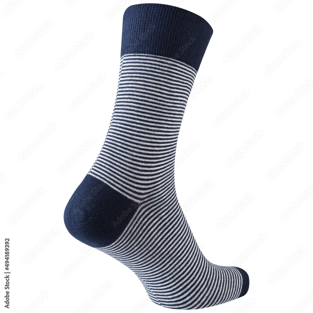 voluminous sock in blue and white stripes, heel forward, on a white background voluminous sock in blue and white stripes, heel forward, on a white background