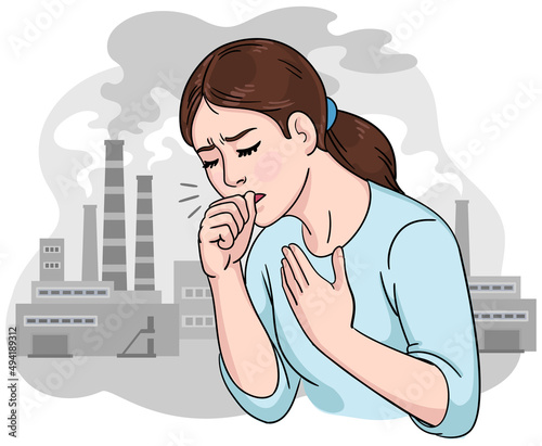 Сoughing girl with factory pipes emitting smoke. Heavy industry, poor ecology problem concept