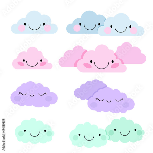 Set of colorful smiling clouds