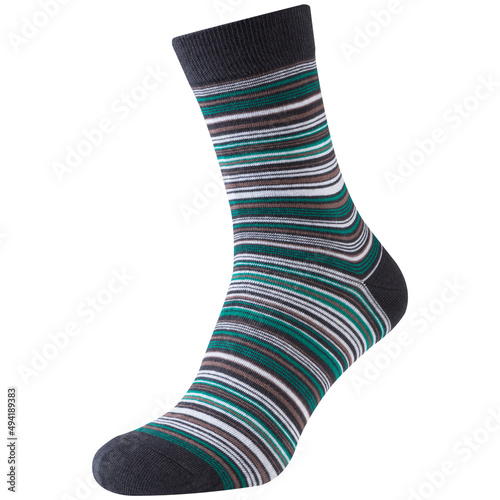 voluminous gray sock with a green stripe, located toe forward, on a white background