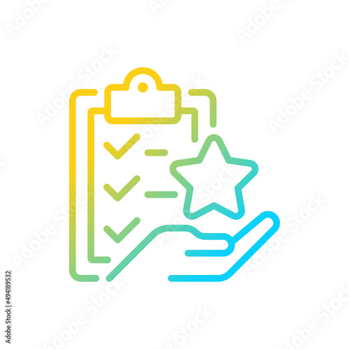Task bonus gradient linear vector icon. Awards points for completing action. Incentive wage payment. Employee reward. Thin line color symbol. Modern style pictogram. Vector isolated outline drawing