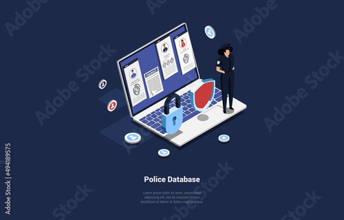Population Protection. Police Officer On Background Of Laptop With Police Database. Server With Criminals For Fast Crime Identify By Fingerprint And Other Parameters. Isometric 3d Vector Illustration