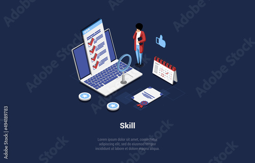 Personal Skills Concept. Person HR Manager Search Candidates With High Skills. Creative People at Laptop Computers, Desks With Infographic. Website With Candidates. Isometric 3d Vector Illustration