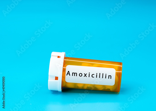 Amoxicillin Medical vial with pills. Medical pills in orange Plastic Prescription. most popular medicine photo