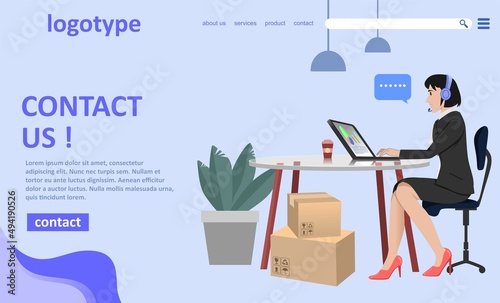 Contact Us flat vector illustration concept with business woman using laptop and Headset , can be used for landing pages for contact us service. Support 